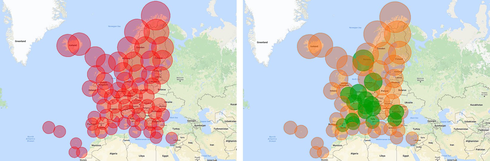 European map of coverage of the new proposed surveillance infrastructure deployment. Secondary dependent ADS-B layer (red, left) and independent layer (right, orange for SSR Mode S and green for WAM systems)