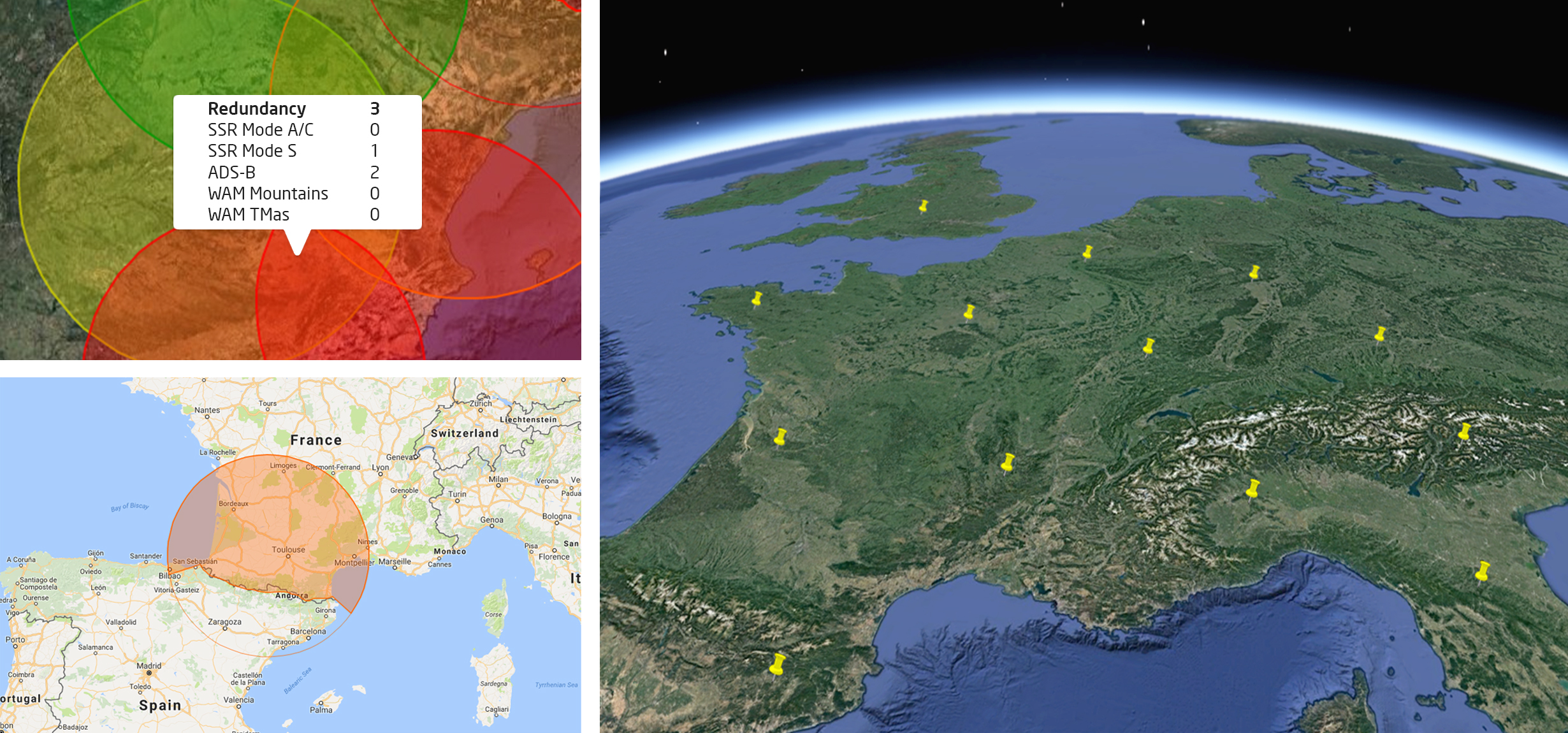 Screenshots from the surveillance deployment assessment tool regarding location of equipment, redundancy indicators and interaction with terrain elevation