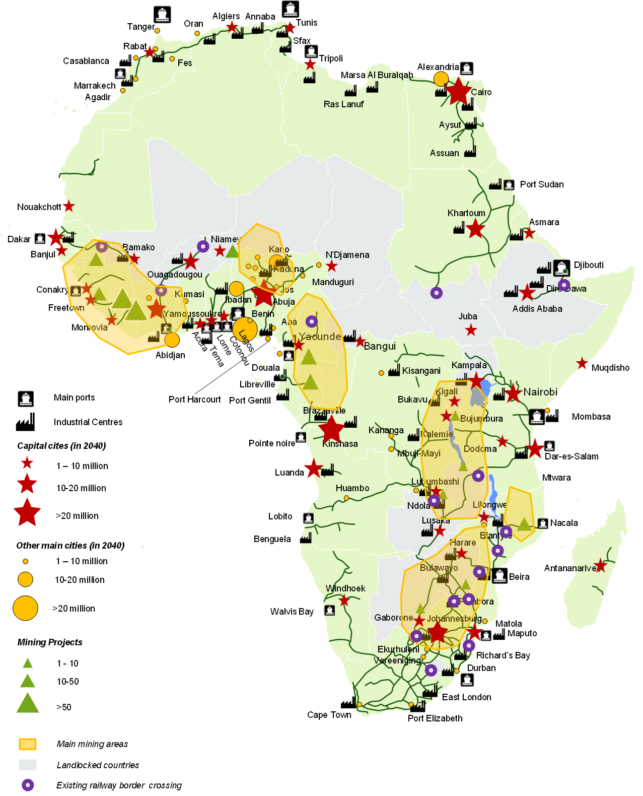 Main areas suitable for railway developments in Africa. (Source: ALG based on PIDA)