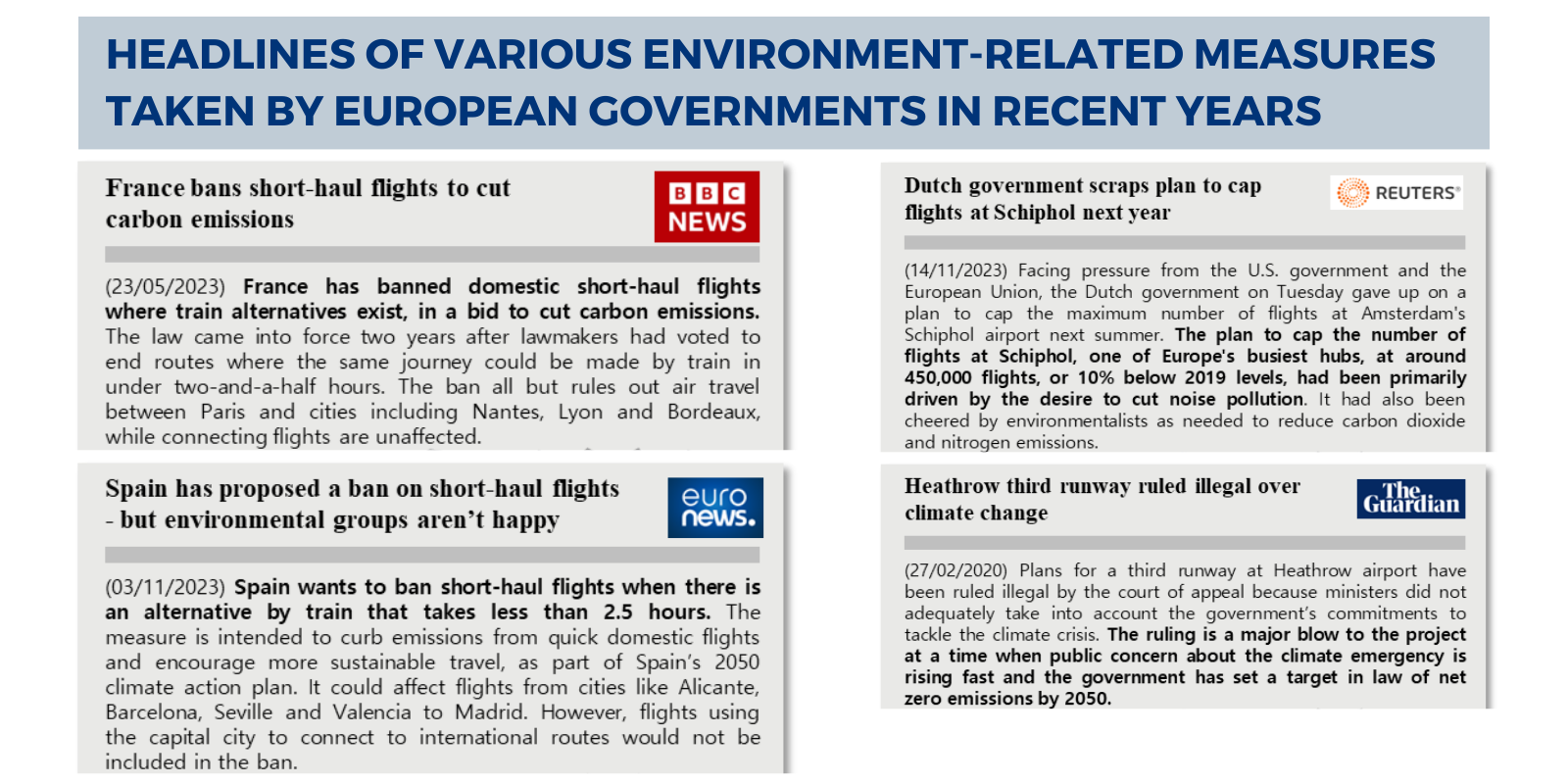 Headlines of various environment-related measures taken by European Governments in recent years